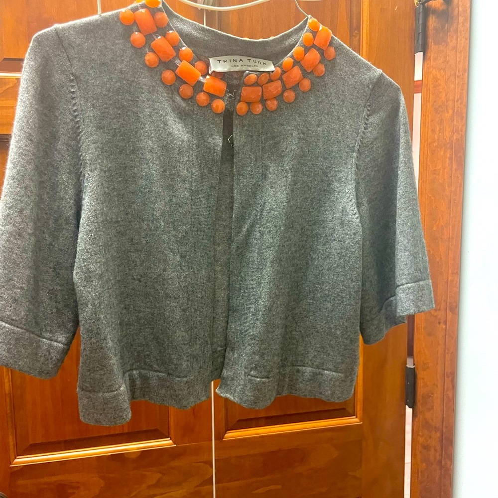 Trina Turk Grey Sweater with Pink Jewel Neckline